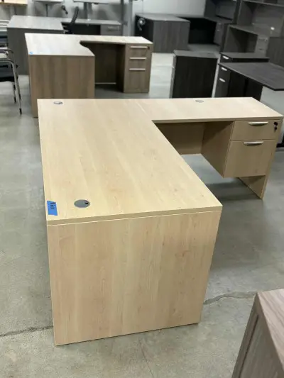 Cherryman JAX series light tan colored L shaped desk. Available in this color and grey at Peach State Office Furniture, Atlanta