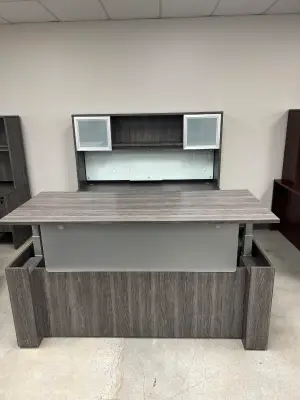 Ultimate Executive Standing Desk Setup. Includes Fully Adjustable Stand Up Desk with Memory Settings. Includes Modesty Panel and All Parts Shown at Peach State Office Furniture, Atlanta