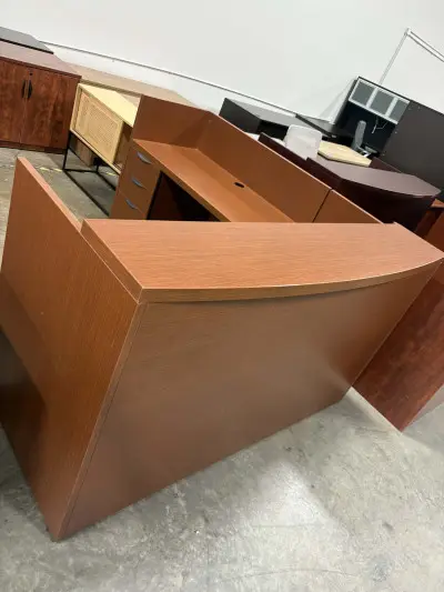 Used Cherry reception L shaped desk with drawers at Peach State Office Furniture, Atlanta