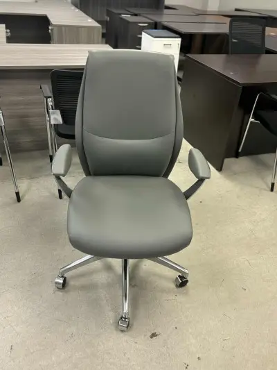 New Grey leather chair with chrome base at Peach State Office Furniture, Atlanta
