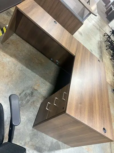 Modern walnut L shaped desk with drawers at Peach State Office Furniture, Atlanta