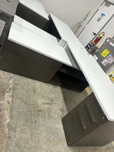 6 White/Grey L shaped desk with drop down return. includes BBF drawers, 2 drawer lateral file, and open bookcase shelves at Peach State Office Furniture, Atlanta