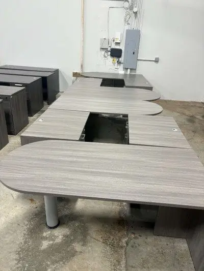 Grey bullet L shaped desks with deluxe drawers at Peach State Office Furniture, Atlanta