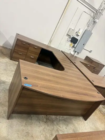 Like new modern walnut Bowfront U shape with tons of drawers/storage at Peach State Office Furniture, Atlanta