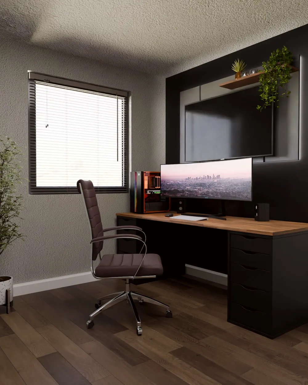 Gaming room with an ultrawide monitor, PC tower, long desk and a leather office chair