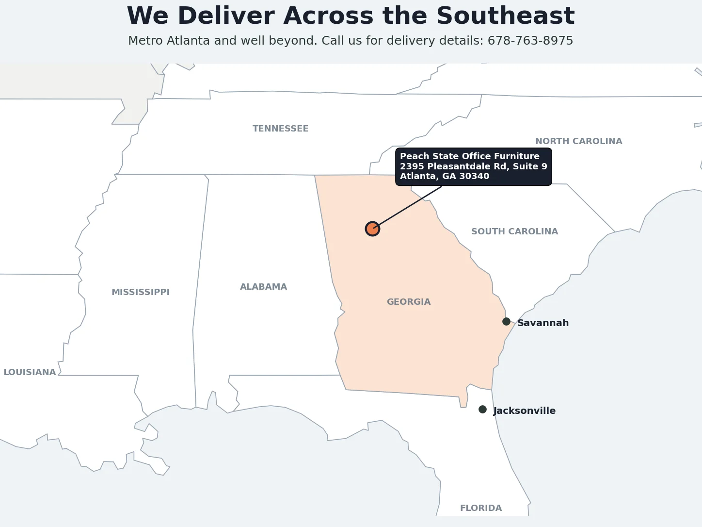 Map of the Southeast showing Peach State Office Furniture in Atlanta, with past deliveries to Savannah, Jacksonville and Mississippi