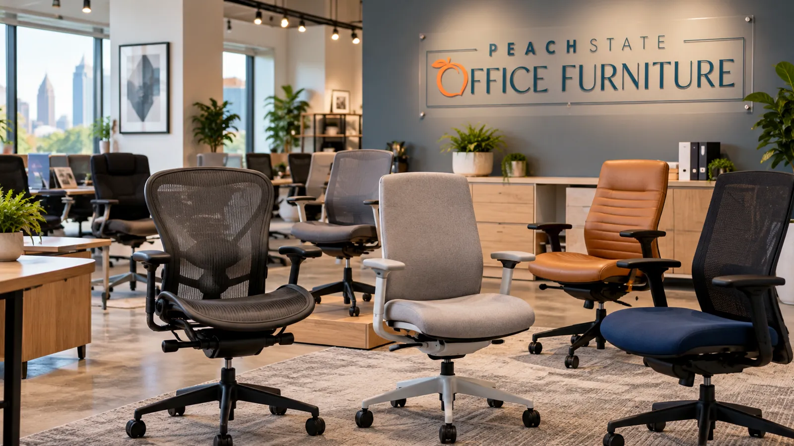 Ergonomic office chairs on a showroom floor