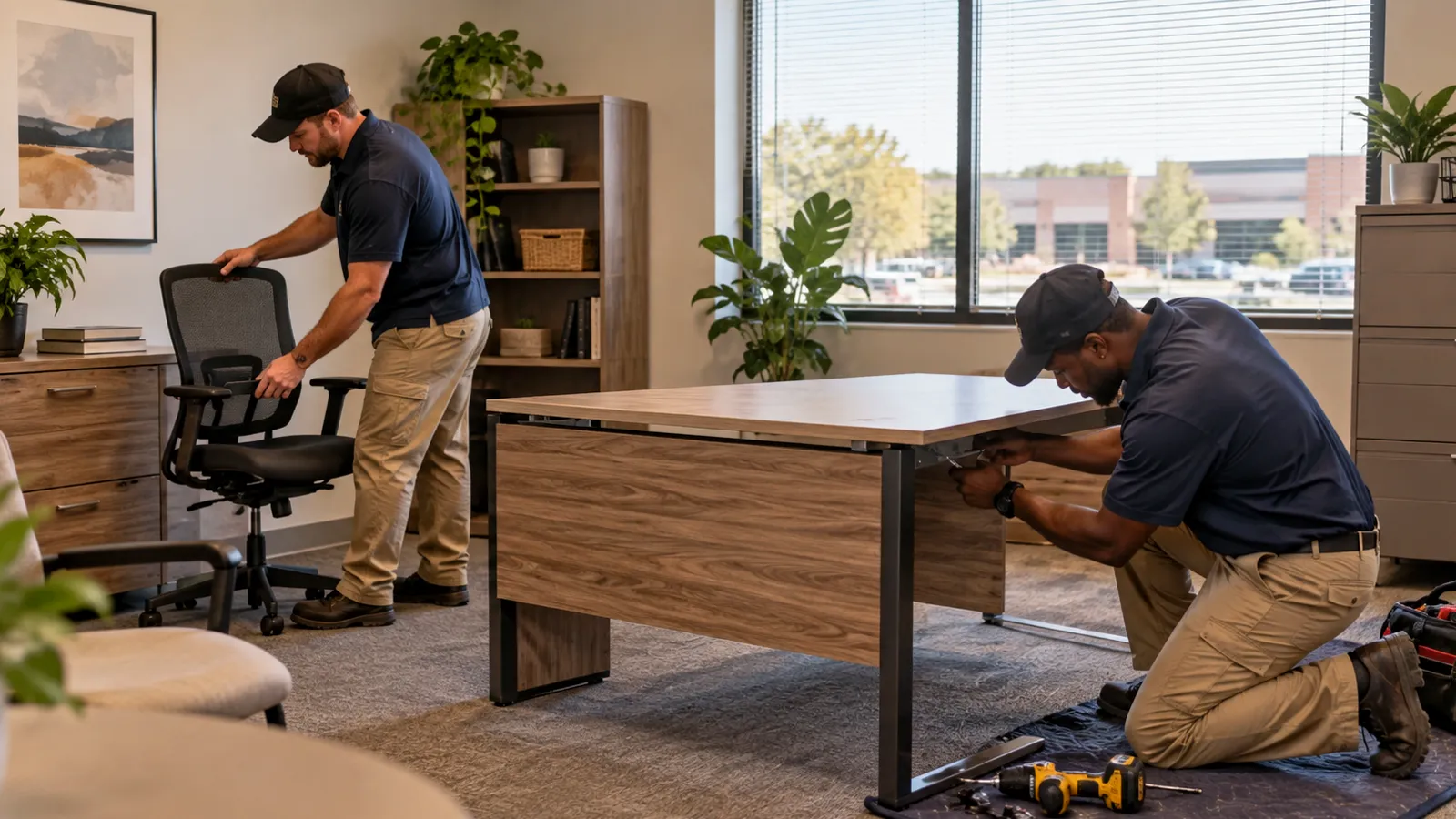 Two installers assembling a desk and setting up a task chair
