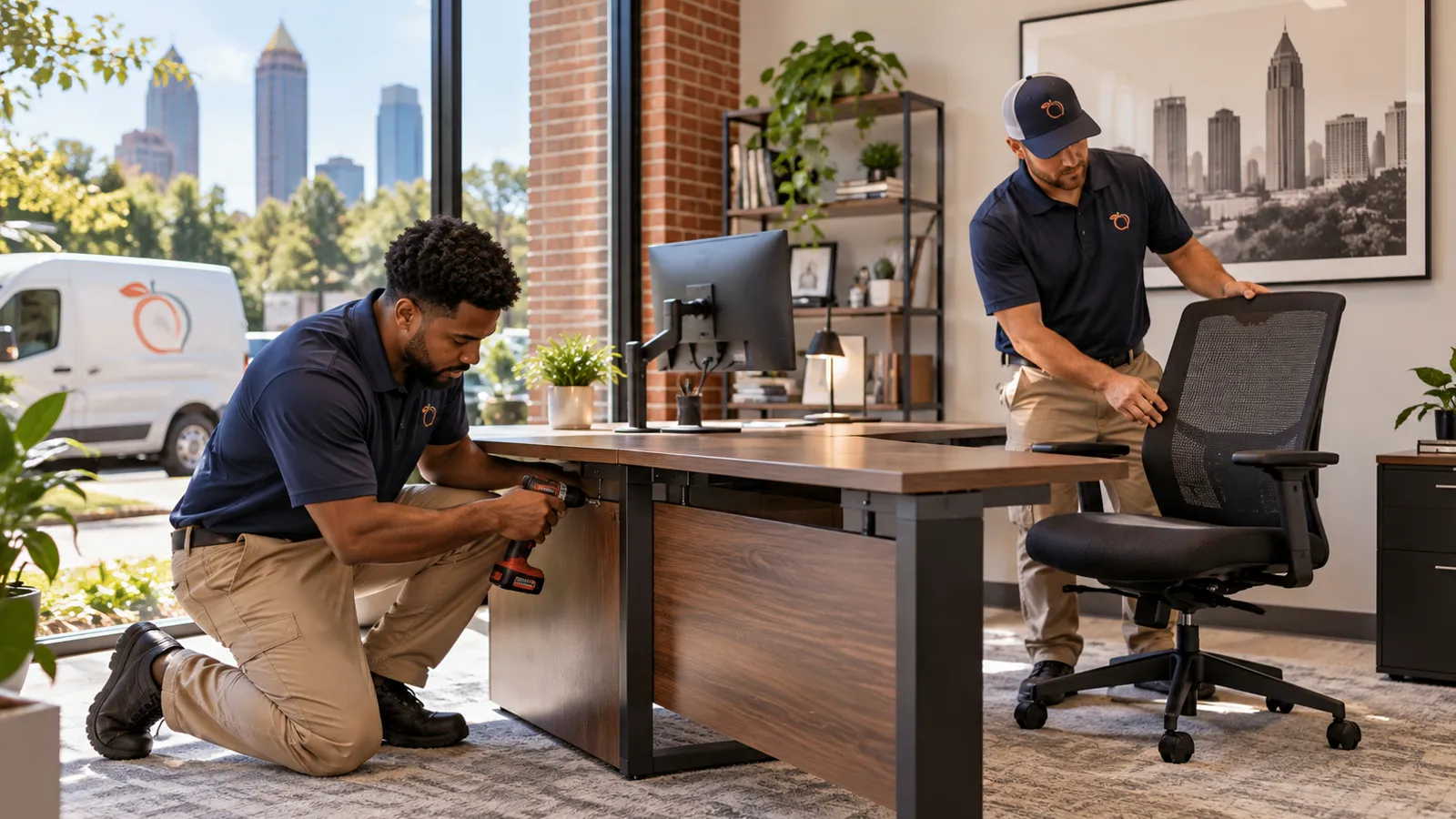 Office furniture installation crew setting up a desk in an Atlanta office