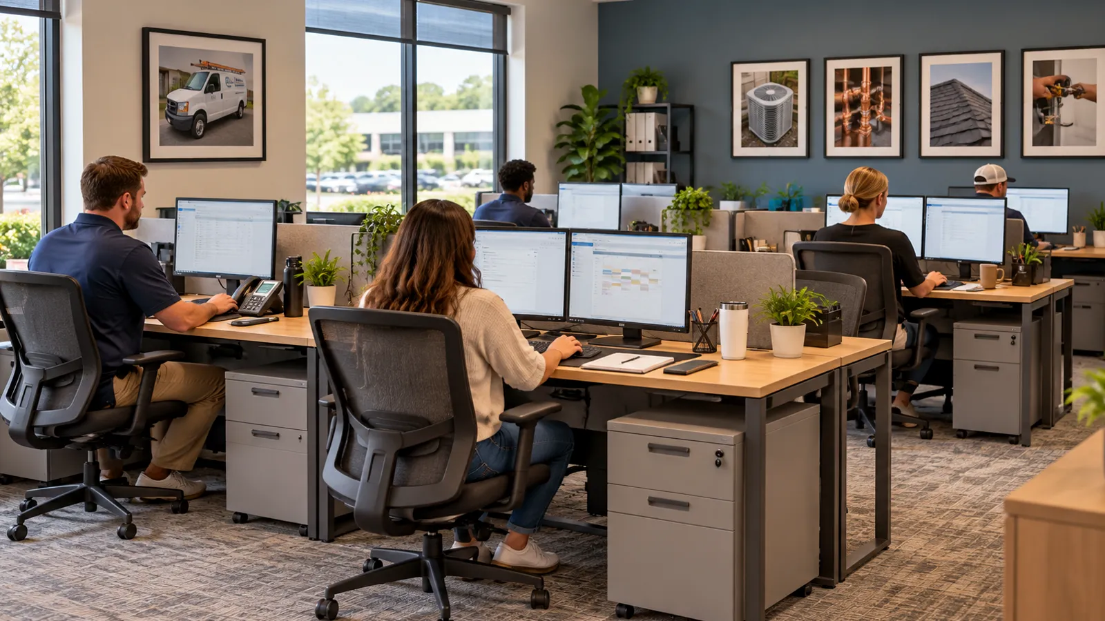 Staff working at office workstations with mobile pedestals