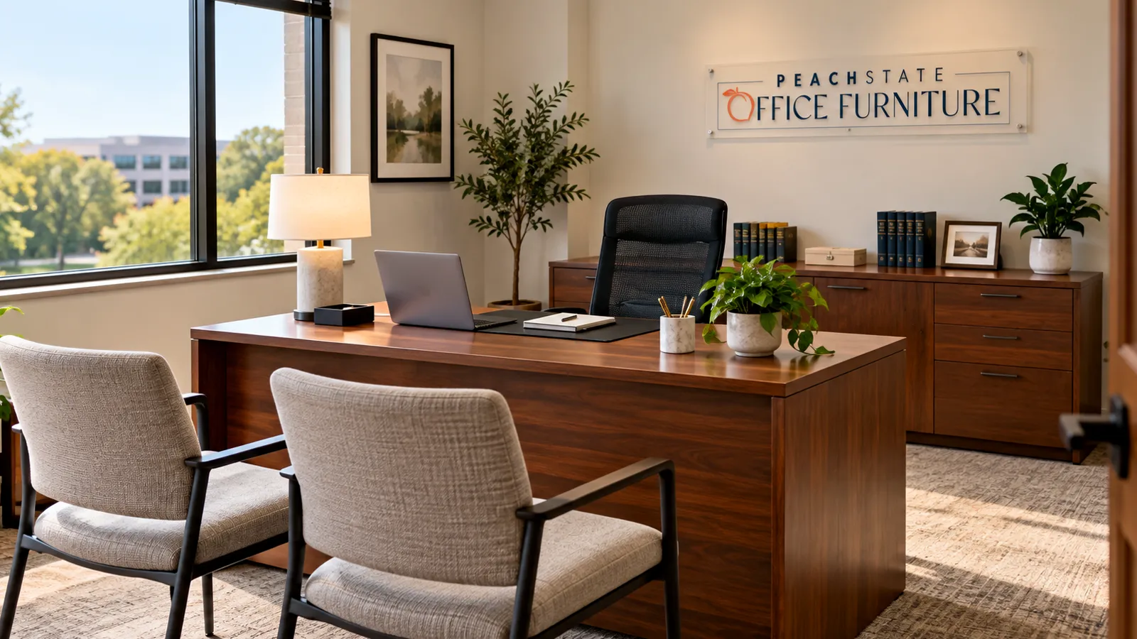 Private office with a wood desk and two guest chairs
